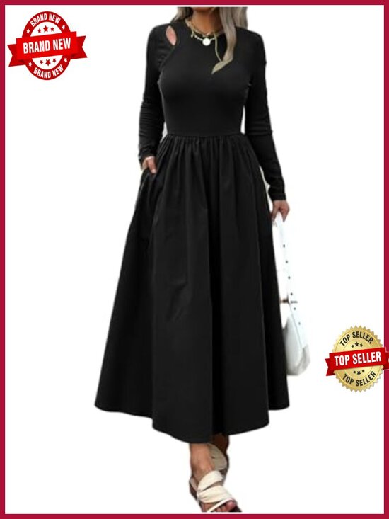 Dresses & Skirts - Long Sleeve Maxi Dress with Pockets Cutout Shoulder A-Line Flowy Full Length